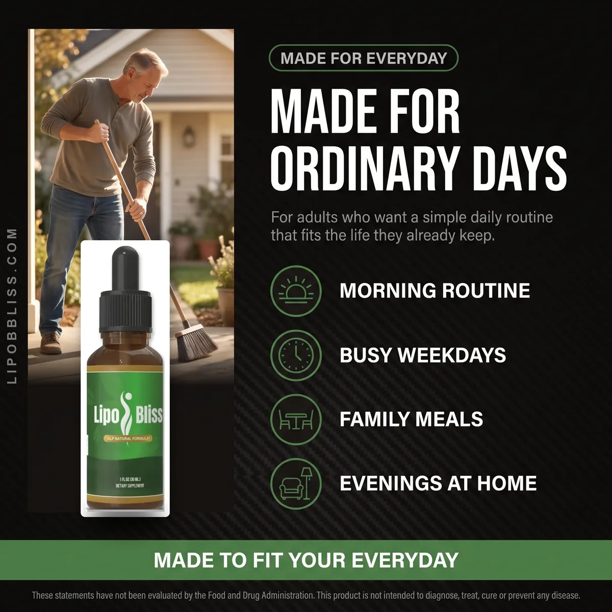 Who LipoBliss is for: adults who want a simple daily weight-management routine for mornings, busy weekdays, family meals and evenings at home
